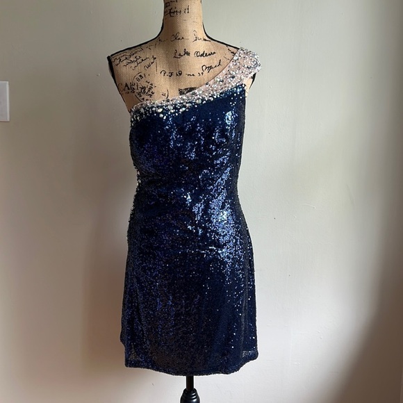 Dave & Johnny Womens One Shoulder Short Dress Navy Blue Sequined Zip 15/16 New - Picture 1 of 12